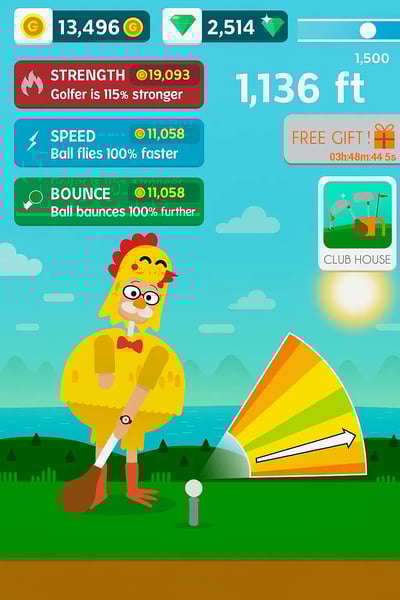 A chicken golfing game with a score of 11,000.
